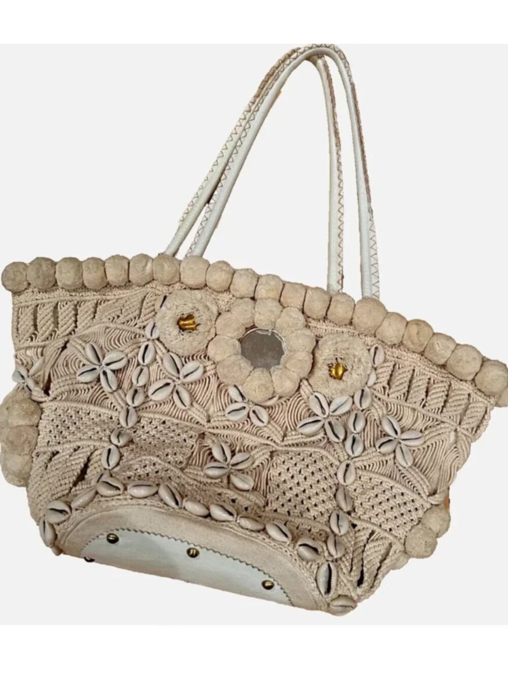 FIGUE Tuktuk Cotton Canvas Tote Bag Bohemian Style Cowrie Shells Pom Pom Purse